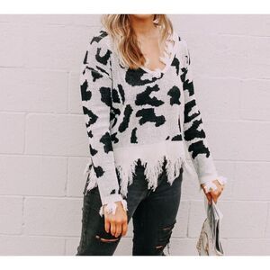 Baevely county leopard womens top sweater boho cream black cowgirls size M